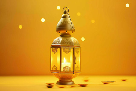 A golden lantern with intricate details, a lit candle inside, and a soft yellow background with...