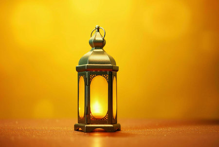 A close-up of a beautifully crafted lantern with a warm glow, illuminating against a golden background.の写真素材