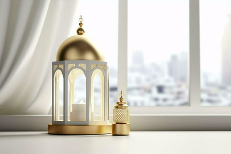 Two golden lanterns, with intricate details and a candle inside, sit by a white window overlooking a cityscapeの写真素材