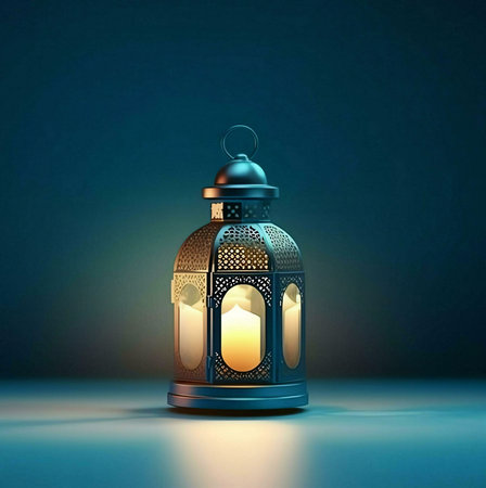 A single, ornate lantern with a lit candle inside, casting a warm glow against a dark blue background.の写真素材