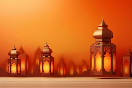 Three ornate golden lanterns with intricate designs glow brightly against a soft orange backdrop, symbolizing the spirit of Ramadan.の写真素材