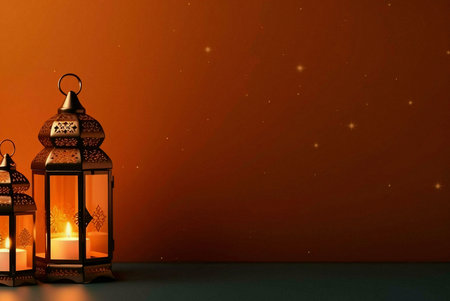 Two ornate golden lanterns with glowing candles stand against a warm orange background, creating a festive and spiritual ambiance.の写真素材