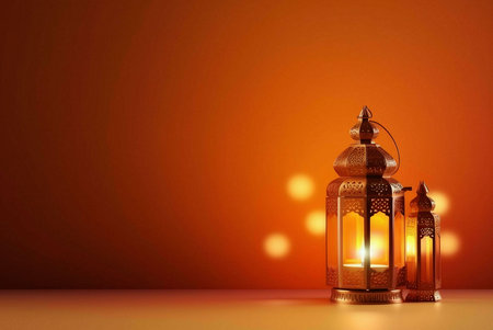 Two ornately decorated lanterns with lit candles, creating a warm and inviting atmosphere. The...