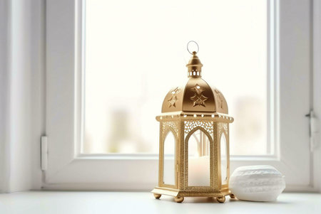 A golden lantern sits on a window sill, illuminating the room with its warm glow. The intricately designed design of the lantern and the soft light create a peaceful and inviting atmosphere.の写真素材