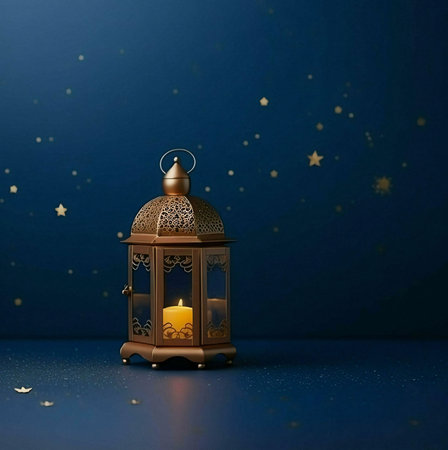 A golden lantern with a candle inside, illuminated against a dark blue background with scattered golden stars.の写真素材