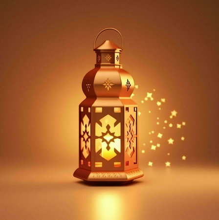 A beautifully crafted golden lantern with intricate designs. The lantern glows with a warm light,...
