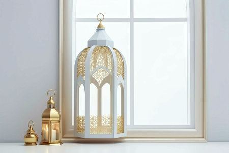Three golden lanterns, one large and ornate, stand by a window in a minimal setting. The lanterns have intricate patterns and add a touch of elegance.の写真素材