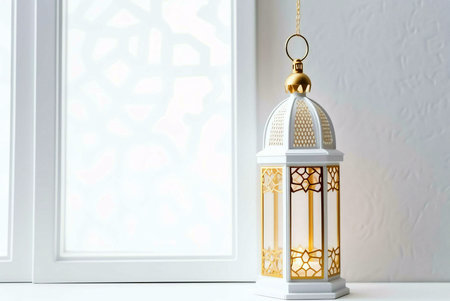 A white lantern with golden accents hanging near a window.の写真素材
