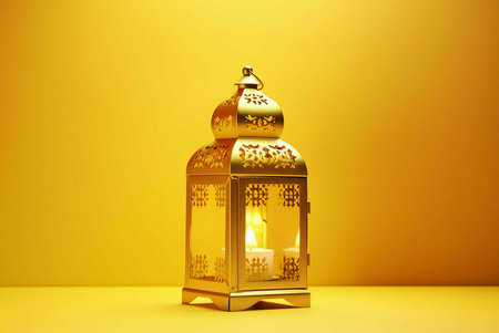 A golden lantern with intricate designs and lit candles stands on a bright yellow background.の写真素材