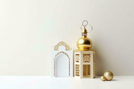 A white background showcases a golden lantern intricately with designs. Beside it stands a white...
