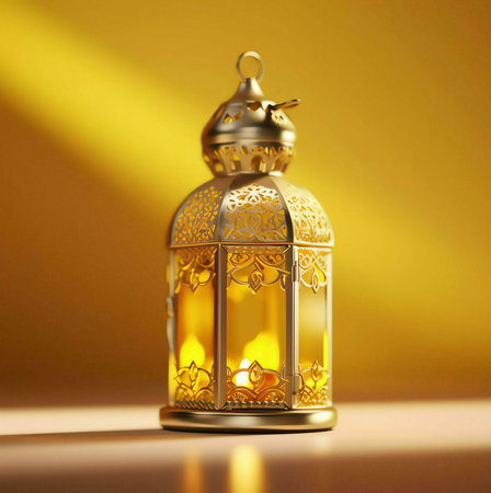A golden lantern with intricate designs, lit by a candle, against a yellow background. The lantern represents hope, peace, and the divine.の写真素材