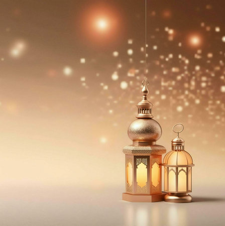 Two golden lanterns with intricate designs stand against a bokeh background, glowing with warm light.の写真素材