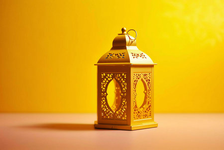 A golden lantern with details stands intricately against a yellow background, symbolizing the beauty and spirituality of Ramadan.の写真素材