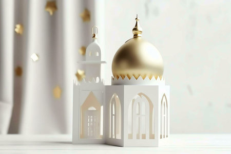 A white and gold mosque ornament on a white surface with a blurred white background. The ornament is an intricate design.の写真素材