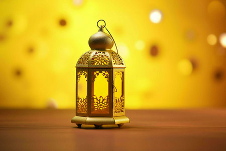 A golden lantern with details sits intricately on a wooden table against a blurry yellow background....