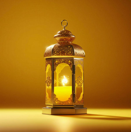A golden lantern with intricate details, illuminated by a warm candlelight, creating a festive and spiritual atmosphere.の写真素材