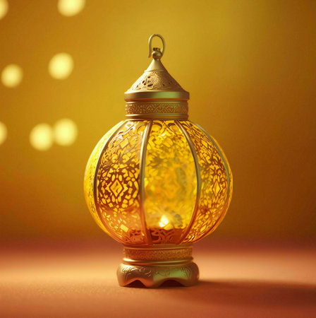 A golden lantern with intricate details, lit by a candle, on a golden background.の写真素材
