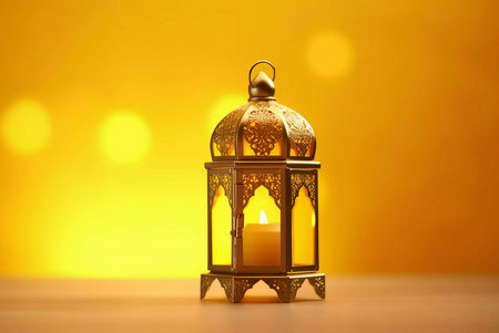 A golden lantern with intricate designs, holding a lit candle. The lantern sits on a plain surface against a blurry yellow background.の写真素材