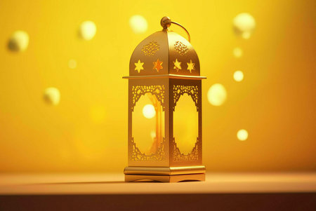 A golden Ramadan lantern glowing in a yellow background with sparkling lightsの写真素材