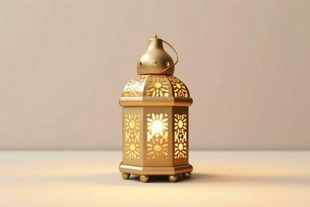 A golden lantern with intricate designs, illuminating the scene with a warm glow. It represents the spirit of Ramadan and the celebration of Eid.の写真素材