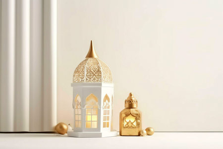 Two beautifully ornate lanterns, one white and one gold, stand on a white surface, symbolizing the spirit of Ramadan.の写真素材