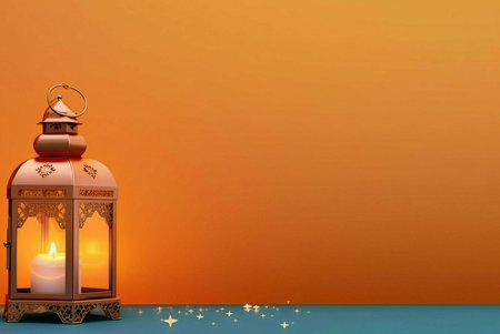 A golden lantern with details intricately stands out against a vibrant orange background. A lit candle inside casts a warm glow, symbolizing hope and celebration during Ramadan.の写真素材