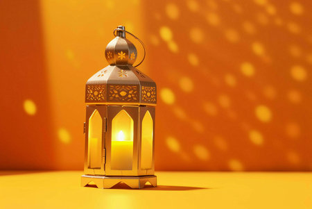 A golden, ornate lantern with a glowing candle inside against a warm, orange background.