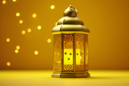 A golden lantern with intricate designs, lit by a candle, against a yellow background with bokeh lights, symbolizing the spirit of Ramadanの写真素材