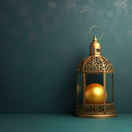A golden lantern with an ornate design, featuring a spherical object inside. The lantern is placed on a teal background.の写真素材