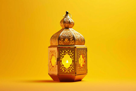 A golden lantern with intricate designs sits on a yellow background. The lantern is lit with a candle inside, casting a warm glow.の写真素材