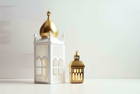Two ornate lanterns, one white and one gold, against a white background.の写真素材