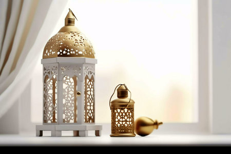 Two ornate lanterns, one large and white with gold accents and a smaller golden one, sit on a windowsill. They reflect the bright light from the window and create a sense of peace and spirituality.の写真素材