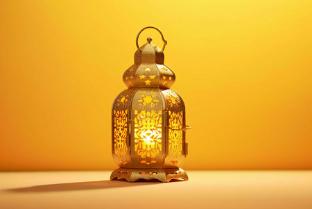 A golden lantern with designs intricately illuminated on a yellow background, celebrating Ramadan and its cultural significance.の写真素材
