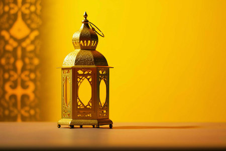 A golden Ramadan lantern on a yellow background with a delicate shadow on the table surface.の写真素材