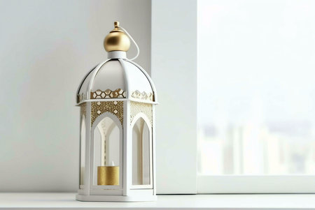 A white decorative lantern with a gold trim sits on a window sill against a bright background. The...