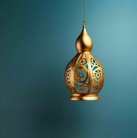 A single ornate gold lantern hangs against a teal background. The lantern has intricate designs and is a symbol of Ramadan and Islamic culture.の写真素材