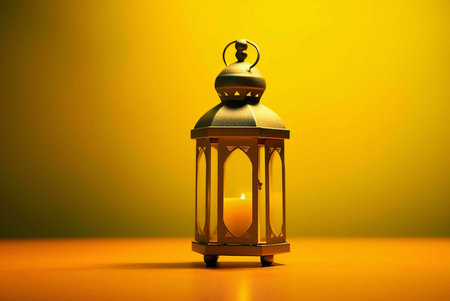 A golden lantern with a lit candle inside, representing the spirit of Ramadan.の写真素材