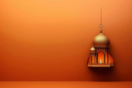 A beautifully ornate Ramadan lantern hangs from a chain against a warm orange background, creating a festive and spiritual atmosphere.の写真素材