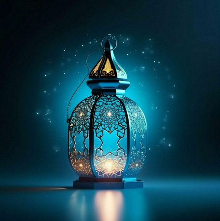 An intricately designed Ramadan lantern glowing with a warm light against a dark blue background.の写真素材