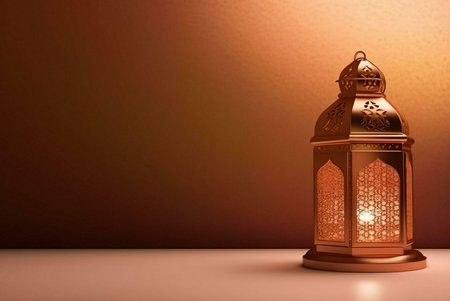 A single ornate golden lantern with a lit candle inside, placed against a warm background. The lantern's design intricately and soft glow create a serene and festive atmosphere.の写真素材