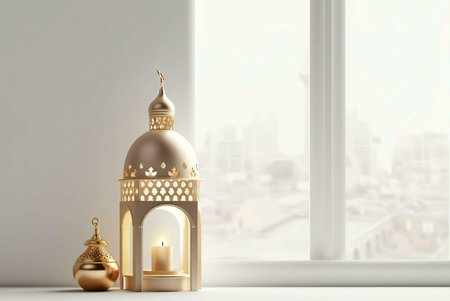 Two golden lanterns with intricate details, one with a lit candle, placed on a window sill...