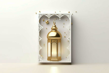A golden Ramadan lantern with intricate designs, illuminated against a white background. It's a symbol of hope, faith, and celebration during the holy month.の写真素材