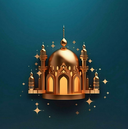 A beautiful 3d illustration of a golden mosque on a teal background, glowing with a soft light. The mosque is a symbol of Islamic culture and spirituality.の写真素材
