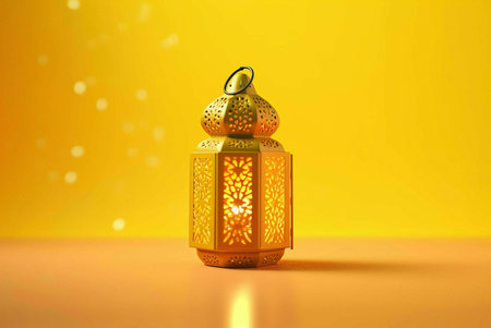 A golden Ramadan lantern with intricate patterns, glowing with a warm candlelight against a vibrant yellow background.の写真素材