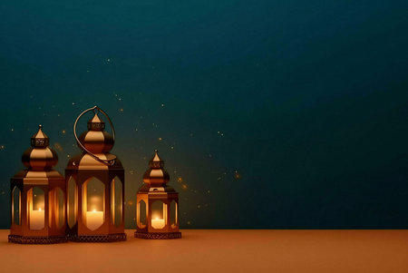 Three ornate lanterns with glowing candles, set against a dark background with sparkles, creating a festive and celebratory atmosphere.の写真素材