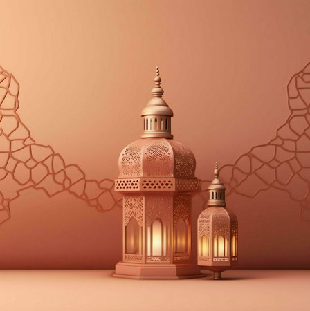 Two intricately carved lanterns with a warm glow against a peach background, symbolizing Islamic tradition and celebration.の写真素材