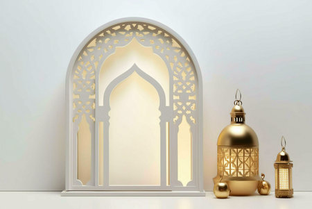 Two golden lanterns stand in front of a white intricately Islamic archway, symbolizing the spirit of Ramadan and Islamic culture.の写真素材