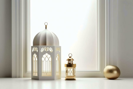 A white and golden lantern against a window setting. The image is decorated with a gold egg, suggesting a Ramadan setting.の写真素材