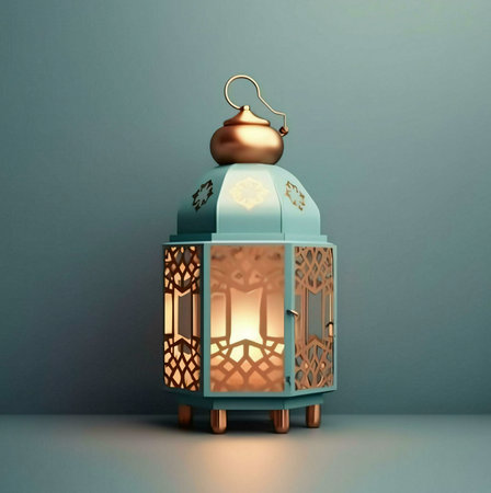 A beautifully crafted teal lantern with intricate gold designs and a warm candle glow against a muted blue backdrop. It evokes a sense of peace and tranquility, perfect for celebrating special occasions and reflecting on tradition.の写真素材
