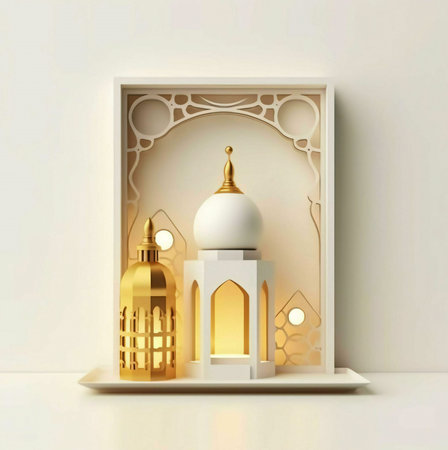 An Islamic lantern and dome with intricate patterns and designs, illuminated by a warm light, on a white background, perfect for Ramadan or Eid celebrations.の写真素材